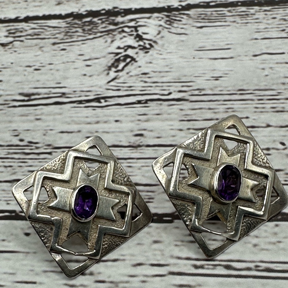 Geometric Silver Earrings with Purple Amethyst- Native Made